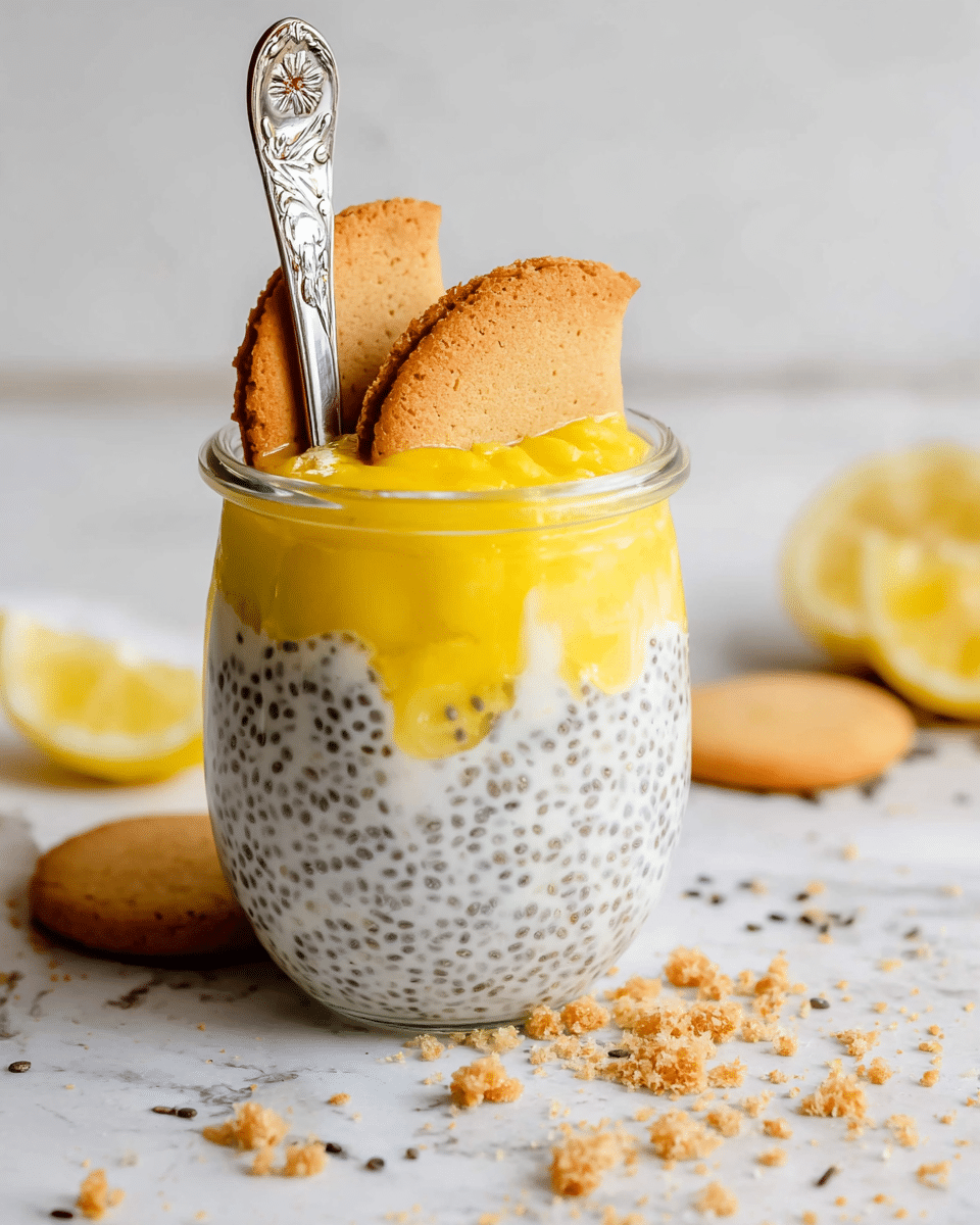 The image shows a small clear glass jar filled with three layers: the bottom and top layers are creamy white with black chia seeds, textured and smooth, while the middle layer is bright yellow and slightly chunky, likely pineapple or mango puree. On top of the jar are two half-moon shaped light brown cookies placed side by side. A silver spoon with a floral design on the handle stands upright inside the jar. The jar is placed on a white marbled surface with some lemon wedges and cookie crumbs scattered around. Photo taken with an iphone --ar 4:5 --v 7
