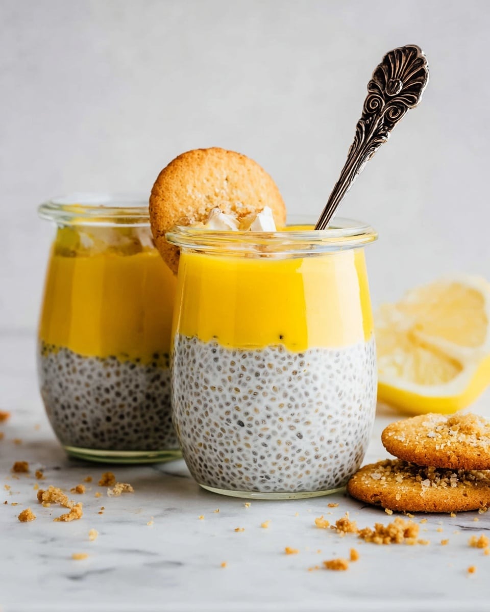 Two clear glass jars sit side by side on a white marbled surface, each filled with three visible layers: a bottom layer of chia pudding speckled with tiny black chia seeds mixed in creamy white pudding, a middle bright yellow layer of smooth citrus curd, and a top layer of chia pudding similar to the bottom. Each jar is topped with a round golden biscuit leaning against a dark silver spoon with a floral design handle placed inside the jar. To the right, there is a wedge of lemon and some broken biscuit crumbs scattered on the surface. Photo taken with an iphone --ar 4:5 --v 7