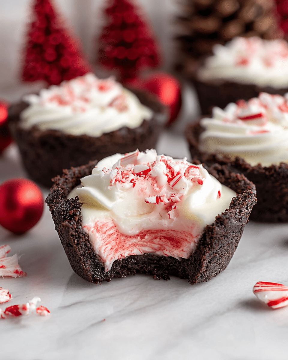 The image shows a close-up of small dessert cups with three visible layers. The bottom and sides are made of a dark, crumbly chocolate crust forming a hollow cup. Inside, there is a smooth cream layer, mostly white with some soft pink swirls blending on the surface. On top, a whipped white cream layer is swirled gently with a red sauce. Crushed red and white peppermint candy sprinkles add texture and bright color on the top. One dessert cup in the front has a bite taken out, revealing the creamy inside. The desserts sit on a white marbled surface with several red decorative objects and pine cones softly blurred in the background. Photo taken with an iphone --ar 4:5 --v 7