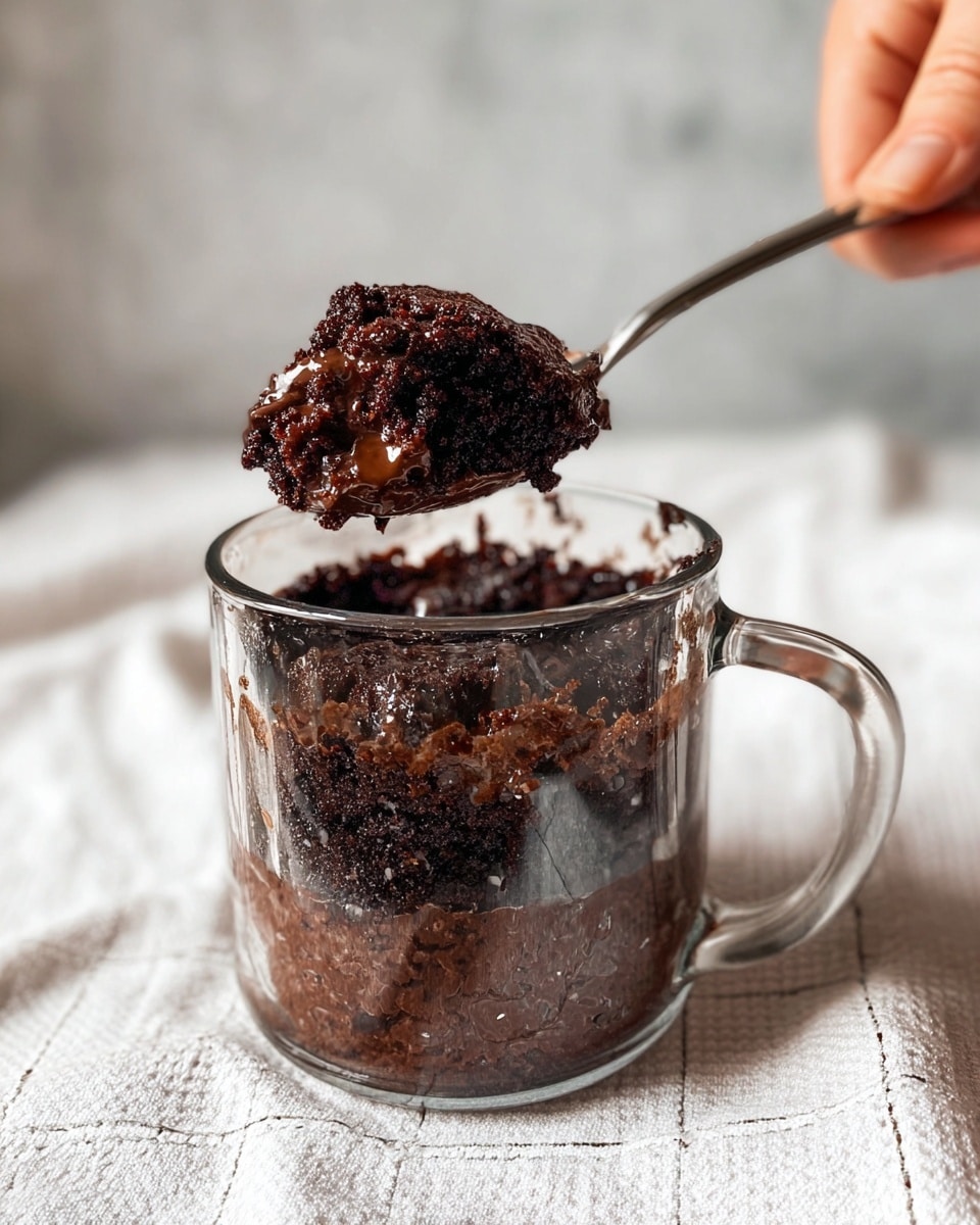A top view of a chocolate mug cake in a clear glass cup sitting on a white marbled texture cloth with a black grid pattern. The cake has a dark, crumbly texture dusted with powdered sugar on top, and a spoon lifts a piece showing layers of moist, melted chocolate inside. The glass cup's rim also has powdered sugar specks. Photo taken with an iphone --ar 4:5 --v 7