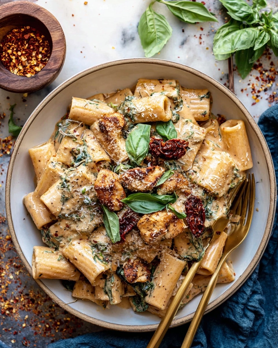 A white bowl filled with rigatoni pasta coated in a creamy beige sauce with visible herbs and small spinach leaves mixed throughout; on top, there are pieces of dark golden brown crispy chicken chunks and scattered sun-dried tomatoes, sprinkled with grated parmesan cheese and fresh green basil leaves. A gold fork and spoon rest inside the bowl, and the background shows a white marbled texture sprinkled with crushed red pepper flakes and fresh basil leaves, with a small wooden cup filled with red pepper flakes and a cloth napkin nearby. Photo taken with an iphone --ar 4:5 --v 7