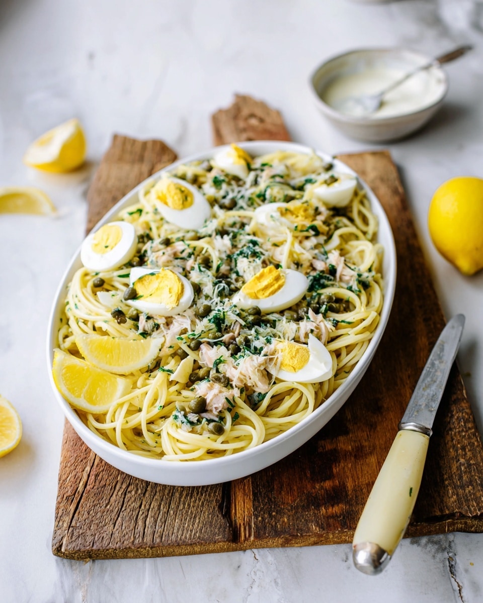 A white oval dish holds a pasta dish with about two main layers: the bottom layer is light yellow spaghetti noodles arranged loosely, and the top layer is a mix of finely chopped greens and white fish bits scattered evenly over the pasta, sprinkled with small green capers. Slices of hard-boiled eggs with bright yellow yolks and pure white edges are placed on top, along with thick lemon wedges on one side. The dish is set on a rustic wooden board, with a knife featuring a light beige handle to the right, and a small bowl of white sauce with a spoon blurred in the background, all on a white marbled surface. Photo taken with an iphone --ar 4:5 --v 7