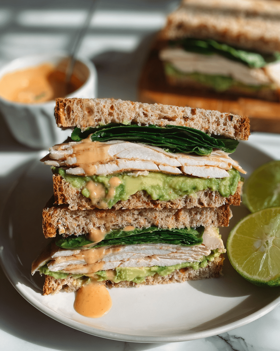 The image shows a sandwich cut in half and stacked on a white plate on a white marbled surface. The sandwich has three layers of toasted whole grain bread that are light brown and crunchy. The bottom layer of filling has a bright green mashed avocado spread directly on the bread, topped with thin slices of pale white turkey meat. Above the turkey, fresh dark green spinach leaves are placed, followed by a creamy light orange spread or sauce. The next layer mirrors the bottom, with more mashed avocado on top, slices of turkey, and another spread of light orange sauce near the edge, visible dripping slightly. In the background, there's a small white bowl with some of the orange sauce and a halved lime with light green flesh. The lighting creates soft shadows, highlighting the textures. Photo taken with an iphone --ar 4:5 --v 7