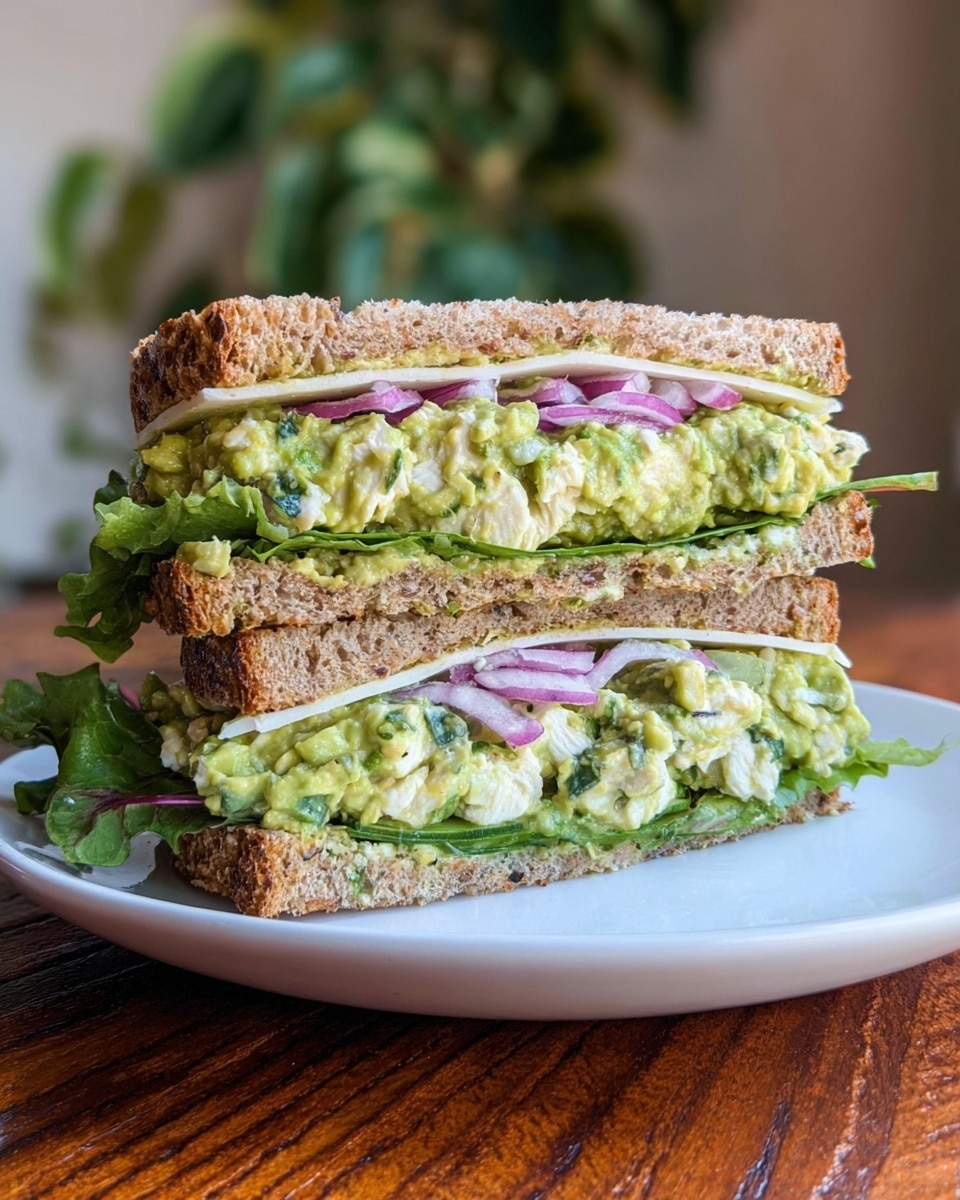 The image shows a sandwich cut in half and stacked on a white plate, placed on a wooden surface with a plant blurred in the background. The sandwich has two layers of thick, whole-grain bread with visible grains and a rough texture. The bottom layer has a thick spread of chunky green avocado mixed with white pieces of chicken and fresh green lettuce leaves peeking out. Above that is a thin slice of white cheese topped with thinly sliced purple-red onion rings. The top layer mirrors the bottom with the same chunky avocado and chicken mix spread over the bread. The sandwich looks fresh and colorful with green, white, purple, and brown tones. photo taken with an iphone --ar 4:5 --v 7