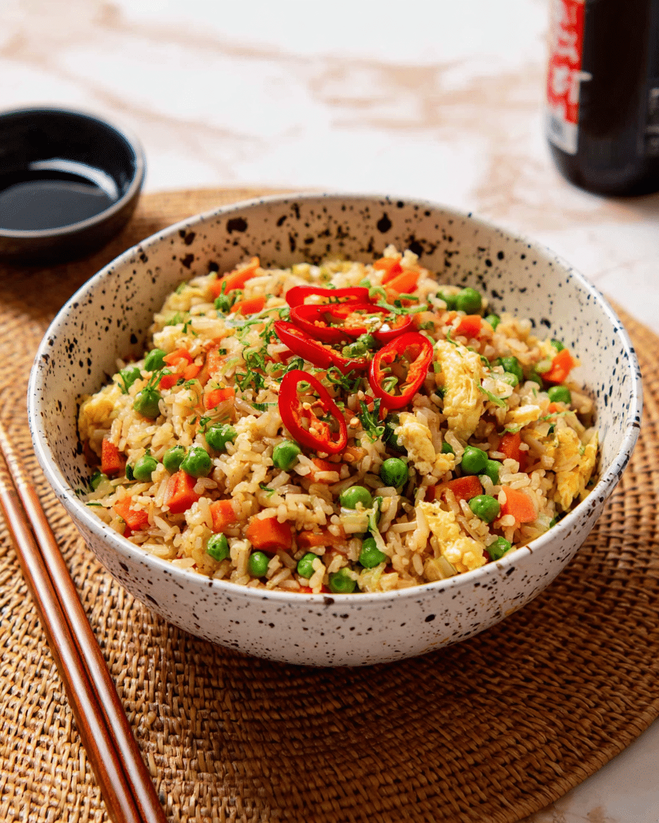 A white bowl with black speckles on the inside holds a colorful fried rice dish. The base layer is light brown cooked rice mixed with small orange carrot cubes and bright green peas. Scattered throughout are soft yellow egg pieces, adding a fluffy texture. On top, thin slices of red chili pepper and finely chopped green herbs are sprinkled, giving a pop of color and freshness. The bowl is placed on a light brown woven mat with a pair of wooden chopsticks resting nearby on a white marbled surface. A small black sauce dish and a dark can are blurred in the background. Photo taken with an iphone --ar 4:5 --v 7