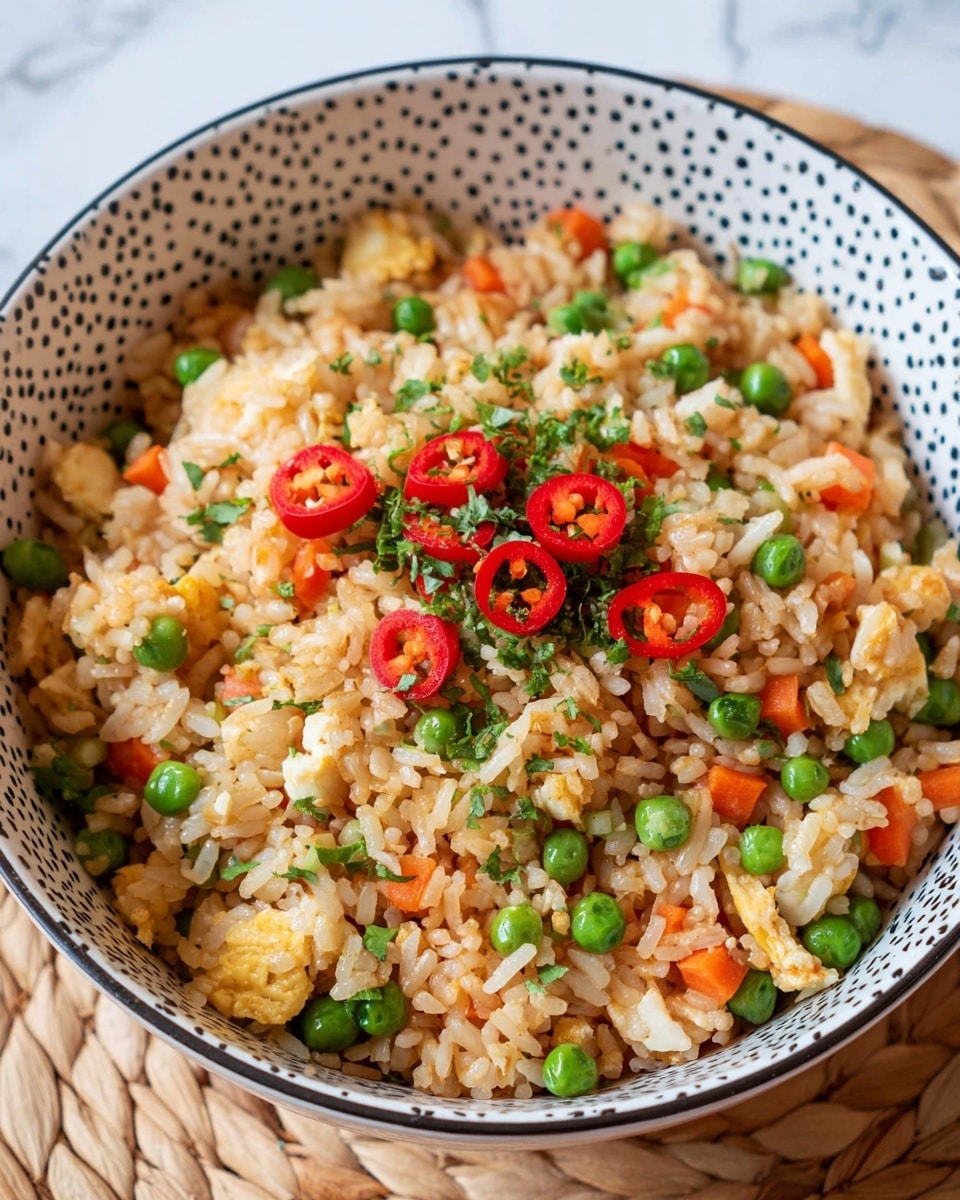 A close-up of a white bowl with black dots filled with fried rice. The rice is light brown, mixed with bright green peas and small orange carrot cubes. There are small white pieces of scrambled egg within the rice. On top, thin slices of red chili pepper and finely chopped green herbs are sprinkled, adding color and texture. The bowl sits on a natural woven mat, with the scene set on a white marbled surface. photo taken with an iphone --ar 4:5 --v 7