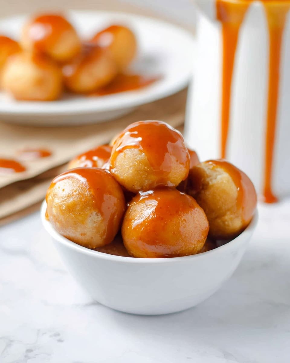 A small white bowl filled with golden brown round dough balls, each coated with a shiny caramel sauce that drips slightly over the edges of the bowl. Behind it, there is a white plate with more dough balls covered with the same caramel sauce, slightly blurred in the background. On the right side, part of a white container with caramel sauce dripping down its side is visible. All the items are placed on a white marbled surface. photo taken with an iphone --ar 4:5 --v 7