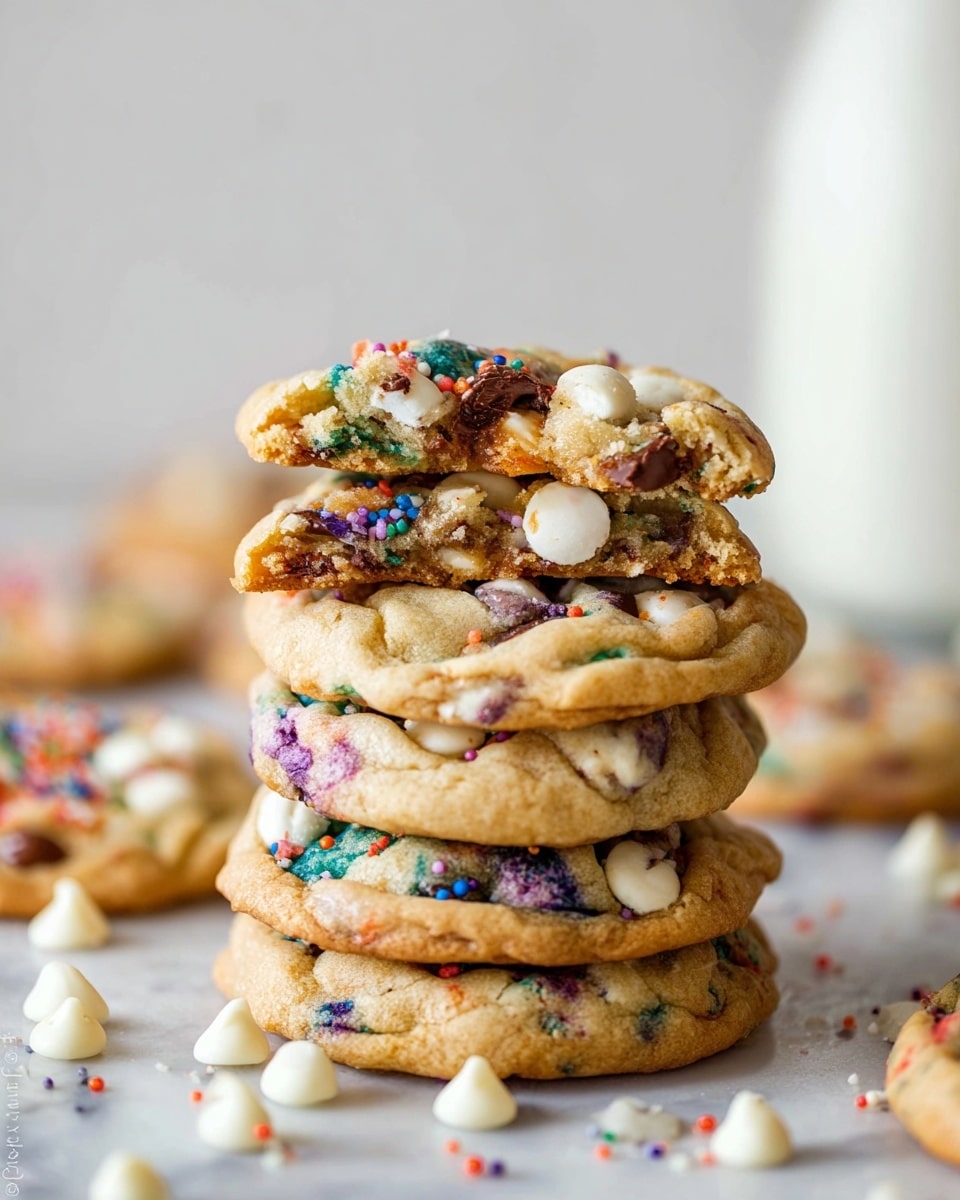 A stack of five colorful cookies is shown, with the top cookie broken in half to reveal its soft, chewy inside filled with dark brown and white chocolate chips and small bright sprinkles in various colors like blue, purple, and orange. The cookies have a light golden-brown color and a slightly crinkled texture on the surface. Around the stack are more cookies and scattered white chocolate chips on a white marbled surface. In the background, a blurred white bottle adds a soft touch to the scene. photo taken with an iphone --ar 4:5 --v 7