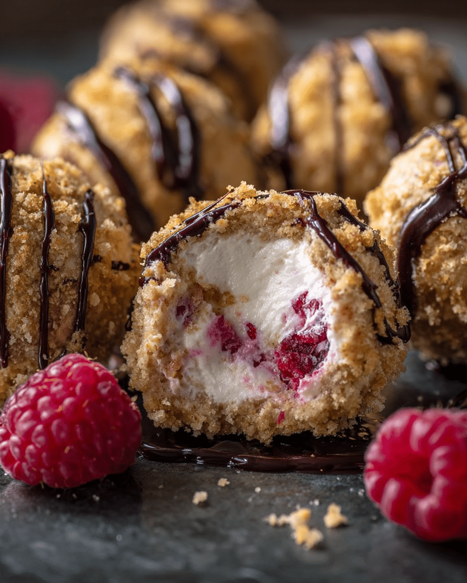 The image shows round cream balls with a crumbly light brown coating, each topped with thin lines of dark chocolate sauce. One ball is cut open, revealing a soft white and pink creamy filling inside with bits of red fruit. Bright red raspberries are placed near the cream balls, adding a fresh look. All the items are on a dark surface with a shiny texture, with the background softly blurred. photo taken with an iphone --ar 4:5 --v 7