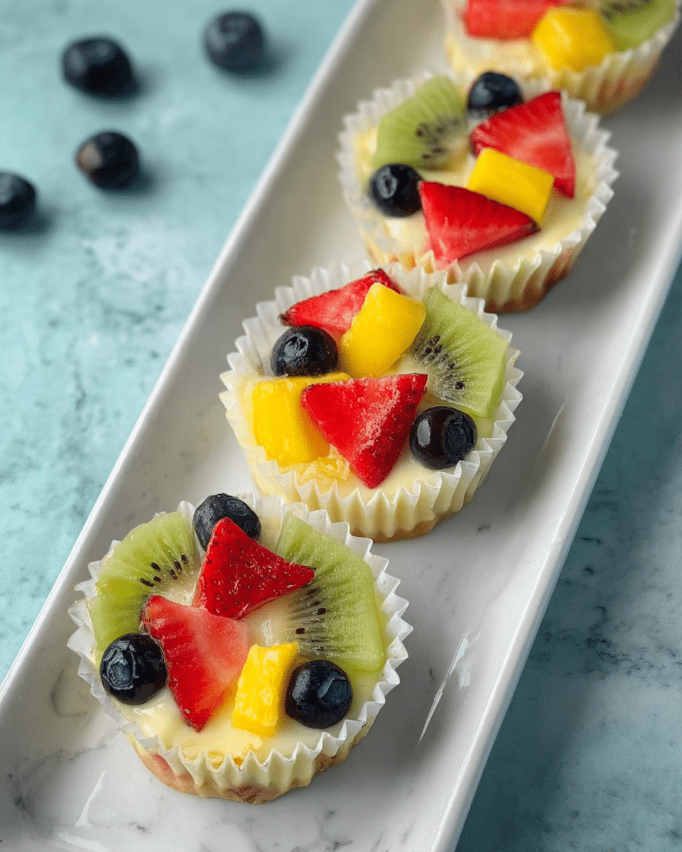 The image shows four small fruit tarts placed in white paper muffin liners arranged in a row on a long white plate with a light blue surface. Each tart has three visible layers: a creamy white base, topped with small fruit pieces. The fruit layer is colorful, with slices of green kiwi, triangular red strawberry pieces, round dark blue blueberries, and small yellow mango chunks scattered evenly on top. The background is a white marbled texture with a few blueberries scattered around near the plate. photo taken with an iphone --ar 4:5 --v 7