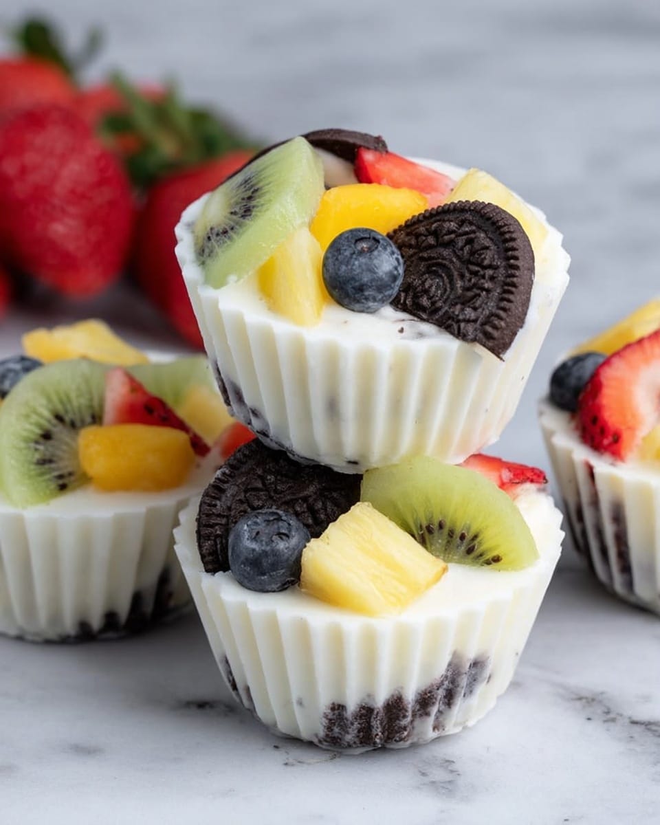 The image shows three small frozen yogurt cups on a white marbled texture, each layered with bright fresh fruits and an Oreo cookie base. Each cup has a white, ridged frozen yogurt layer that forms the bottom and sides, with a dark chocolate Oreo cookie pressed in the bottom of one cup facing outward. On top of the frozen yogurt, the middle layer has a mix of colorful fruit pieces: green kiwi slices, red strawberry slices, yellow pineapple chunks, and small round blueberries sprinkled across. One cup is stacked on top of another, showing the fruit topping spilling slightly over the edges. The texture of the yogurt looks smooth and firm while the fruits are fresh and juicy, contrasting with the dark, textured Oreo cookie at the base. In the background, whole strawberries add extra red color details. photo taken with an iphone --ar 4:5 --v 7