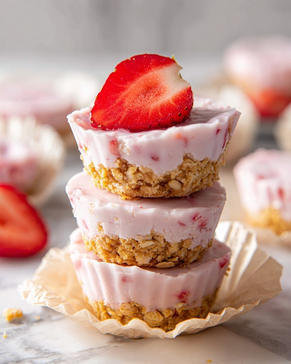 The image shows a stack of three frozen yogurt granola bites with layers clearly visible: a light pink creamy yogurt layer speckled with small strawberry pieces on top, a crunchy golden granola layer in the middle, and another thick pink yogurt layer with strawberry bits at the bottom. The top yogurt layer is decorated with a fresh, red strawberry slice sitting right in the center. These frozen treats are placed on crinkled light brown parchment paper, resting inside a white cupcake liner. The background is a white marbled texture with some blurred white cupcake liners and red strawberries around. photo taken with an iphone --ar 4:5 --v 7