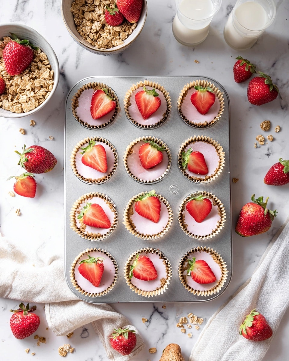 The image shows a silver muffin tray with 12 paper liners, each filled with a pink creamy mixture topped with a fresh red strawberry slice. The bottom layer inside the liners appears to be light brown and crumbly, possibly granola or a crust. The tray sits on a white marbled surface scattered with whole fresh strawberries. Around the tray, there are bowls filled with granola and strawberries, as well as glasses of milk or juice. A white cloth napkin is placed nearby. The scene is bright and fresh looking, perfect for a strawberry dessert preparation photo taken with an iphone --ar 4:5 --v 7