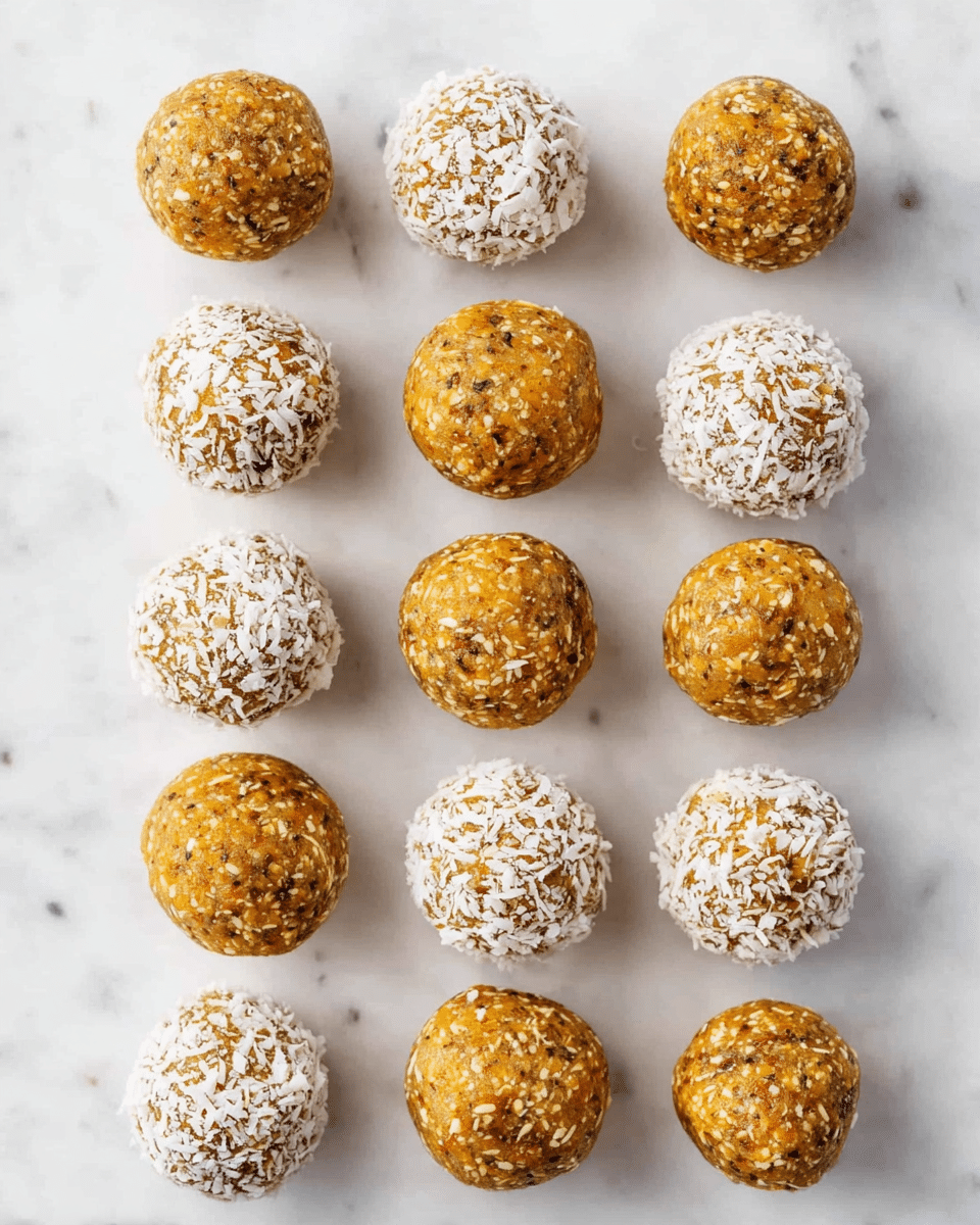 Twelve round energy balls are neatly arranged in a 4x3 grid on a white marbled surface. The balls have a golden brown, grainy texture, with half of them coated in white shredded coconut, creating a rough, flaky outer layer. The other half remain plain, showing their slightly coarse, nutty interior. The balls are evenly spaced and appear soft yet firm, with a natural, homemade look. photo taken with an iphone --ar 4:5 --v 7