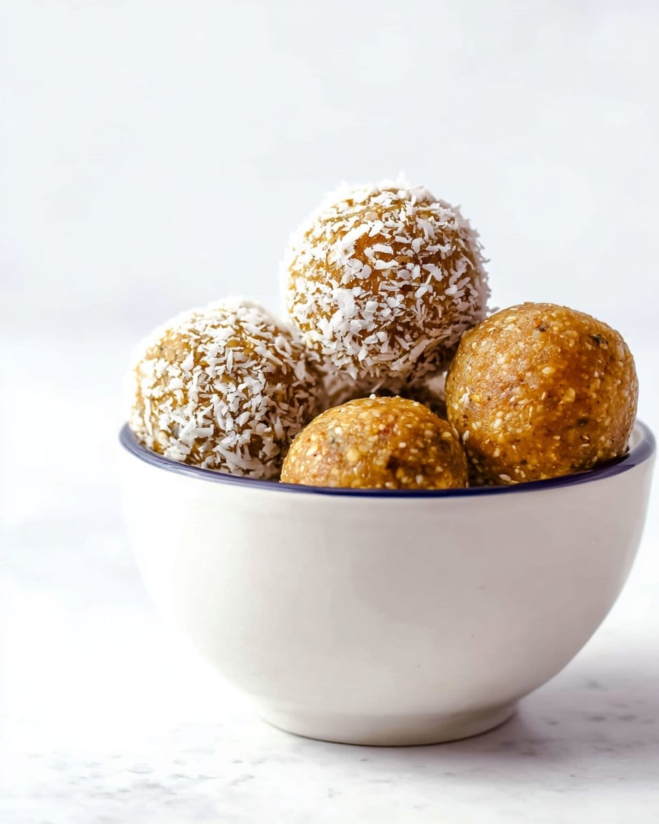 A white cup filled with four round energy balls, each with a textured surface. Two balls are covered in small white coconut flakes, making them look rough and snowy, while the other two balls are smooth and golden brown with a slightly grainy texture from oats or nuts inside. The cup sits on a white marbled surface, with a thin, dark blue rim lining its top edge. The balls are stacked so that two coconut-covered ones are in front and two plain ones are behind, creating a soft, inviting look. Photo taken with an iphone --ar 4:5 --v 7