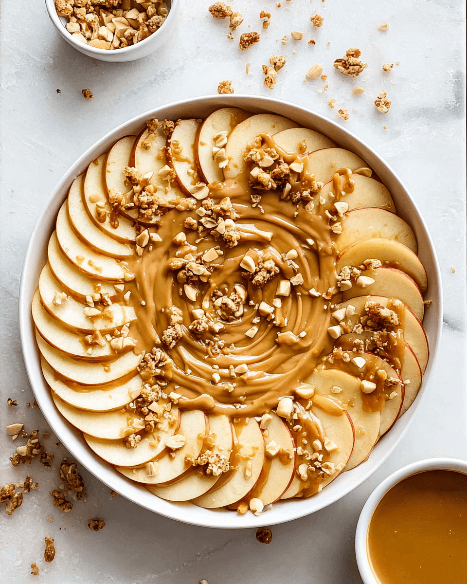 This dish shows a large white round bowl filled with thinly sliced apples arranged in three overlapping circles, each slice pale yellow with some light red skin edges, starting from the edge to the center. Over the apples there is a thick drizzle of light brown peanut butter sauce swirled around in circles. Small clusters of granola and scattered whole peanuts are sprinkled evenly on top, adding texture and contrast. The bowl sits on a white marbled surface with some crumbs scattered around, and a small white cup filled with the same peanut butter sauce is partially visible on the lower right side. Photo taken with an iphone --ar 4:5 --v 7