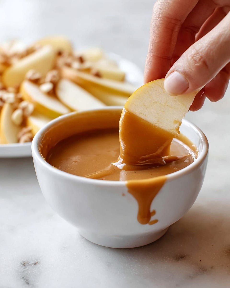 A white bowl is filled almost to the top with a smooth, thick caramel-colored dipping sauce. A slice of pale yellow apple is being dipped into the sauce by a woman's hand, with some sauce clinging to the side of the bowl. In the background, there is a white plate with several pale yellow apple slices topped with small pieces of nuts, all set on a white marbled surface. The lighting is soft and natural, highlighting the glossy texture of the sauce. photo taken with an iphone --ar 4:5 --v 7