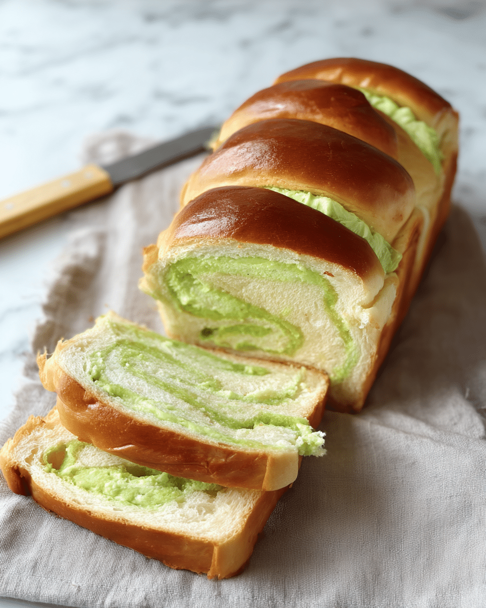 A loaf of soft bread with a shiny golden brown top is shown on a light gray cloth on a white marbled surface. The bread has three large rounded sections connected in a row. Inside the bread, there are two visible layers of light green filling that looks creamy and slightly chunky, spread evenly between the soft, pale off-white bread layers. Two slices from the loaf are placed in front showing the green filling's swirl pattern inside the airy bread. In the background, a knife with a thin silver blade and light handle lies flat. photo taken with an iphone --ar 4:5 --v 7