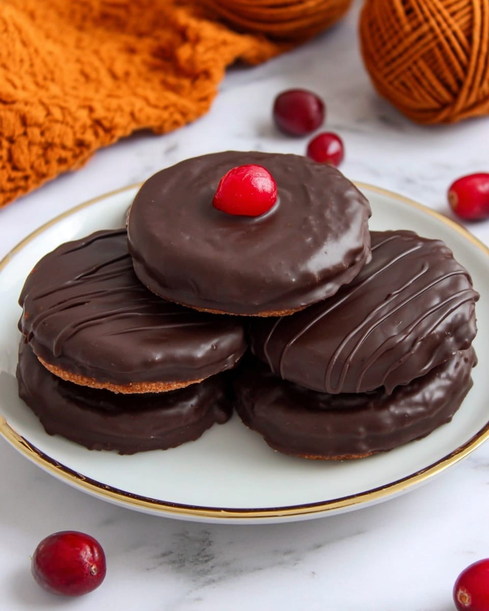 The image shows a stack of three round chocolate-covered treats. The bottom two are whole, smooth, and have a shiny milk chocolate coating. On top, two pieces are stacked one over the other, cut to show a thick, dark, glossy filling inside the milk chocolate shell. A single bright red cherry sits on top of the stack, adding color contrast. The stack sits on a flat surface with a white marbled texture, and blurry warm-colored yarn balls appear in the background. photo taken with an iphone --ar 4:5 --v 7