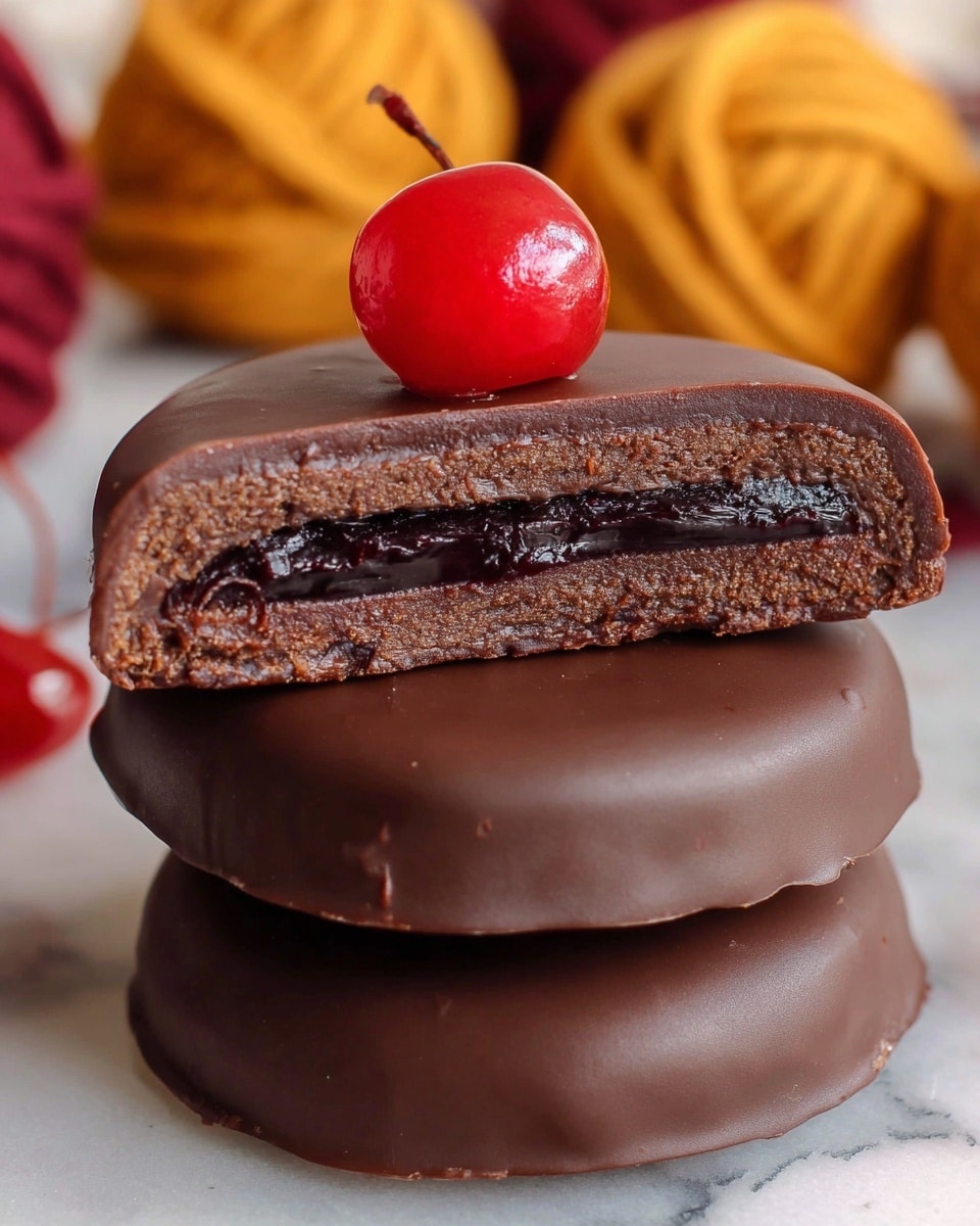 A white plate with a thin gold rim holds five round chocolate-covered cookies stacked in a small pile. Each cookie has a smooth shiny dark brown chocolate layer with a slight wavy texture on top and sides. One cookie on top is plain with a single bright red cherry placed in the center. The other cookies show subtle chocolate drizzles on their surfaces. The plate rests on a white marbled textured surface with scattered red cherries around it and soft orange and brown yarn balls in the background. photo taken with an iphone --ar 4:5 --v 7