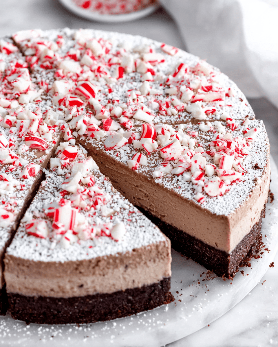 A round layered dessert cut into eight slices sits on a white marbled surface, featuring a dark brown crust at the bottom, a thick middle layer of light brown mousse with a smooth yet slightly bumpy texture, and a top layer dusted with white powdered sugar and scattered with broken pieces of red and white striped peppermint candies. The dessert is placed on a white plate, and the overall look is festive and inviting. Photo taken with an iphone --ar 4:5 --v 7