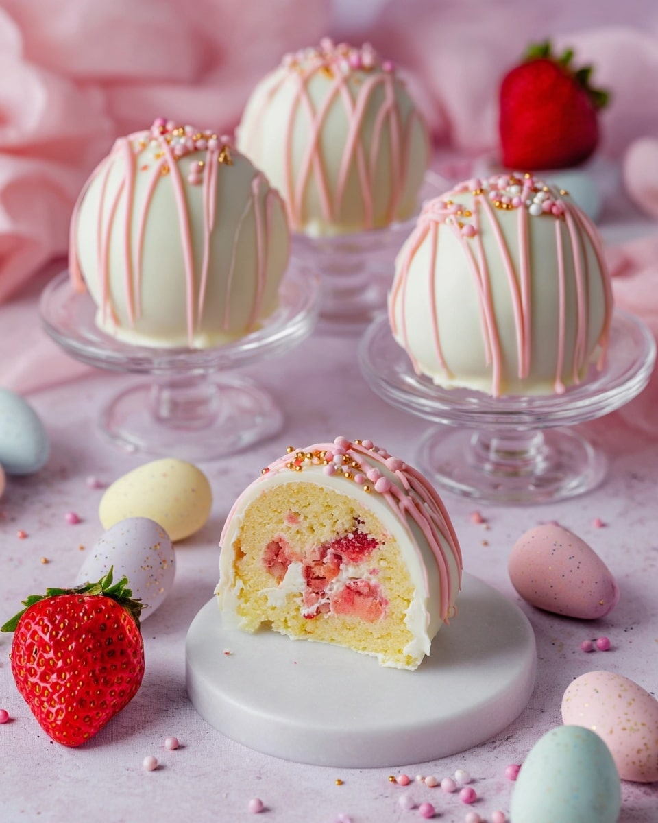 The image shows a group of round white chocolate-covered treats with a smooth texture, each decorated with thin pink drizzle lines and small gold and pink sprinkles on top, sitting in pastel pink paper cups arranged on a pink cake stand. The treats are mainly white with a soft shine, and two of them are cut in half in front, revealing three inner layers: a bottom crunchy golden layer, a middle pale pink creamy layer, and a top layer of white cream with fresh red strawberries placed vertically inside. There are pastel-colored candy eggs scattered around the scene, along with fresh red strawberries, all set against a white marbled surface. Photo taken with an iphone --ar 4:5 --v 7
