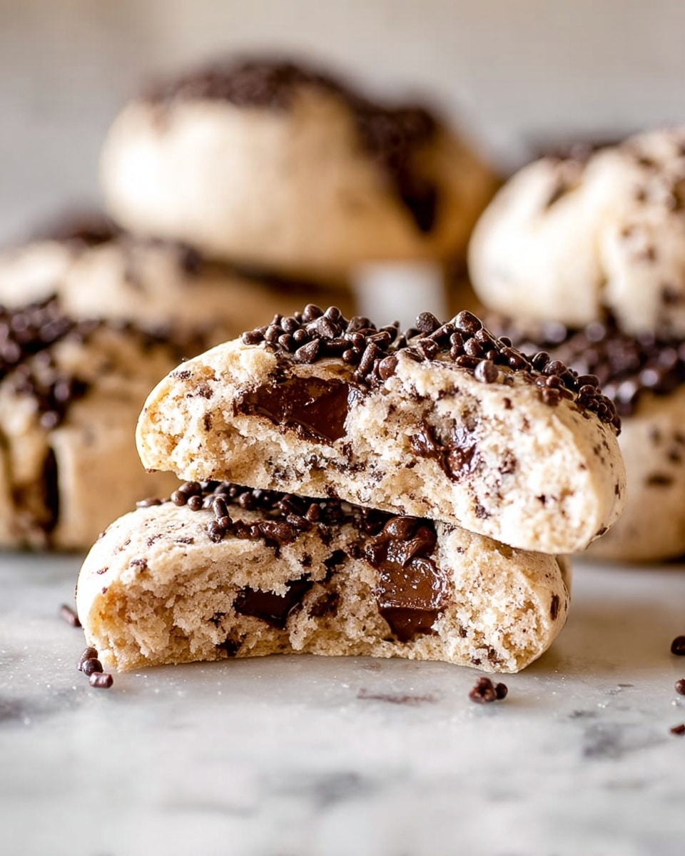 The image shows a close-up of several light tan cookies filled with dark chocolate chips and topped with small chocolate sprinkles. Two cookies in the front are broken in half, revealing a soft, slightly crumbly inside texture with visible chunks of melted chocolate. The cookies have a rough, cracked surface and a puffy, uneven shape. They are placed on a white marbled surface with a soft focus on more cookies in the background. photo taken with an iphone --ar 4:5 --v 7