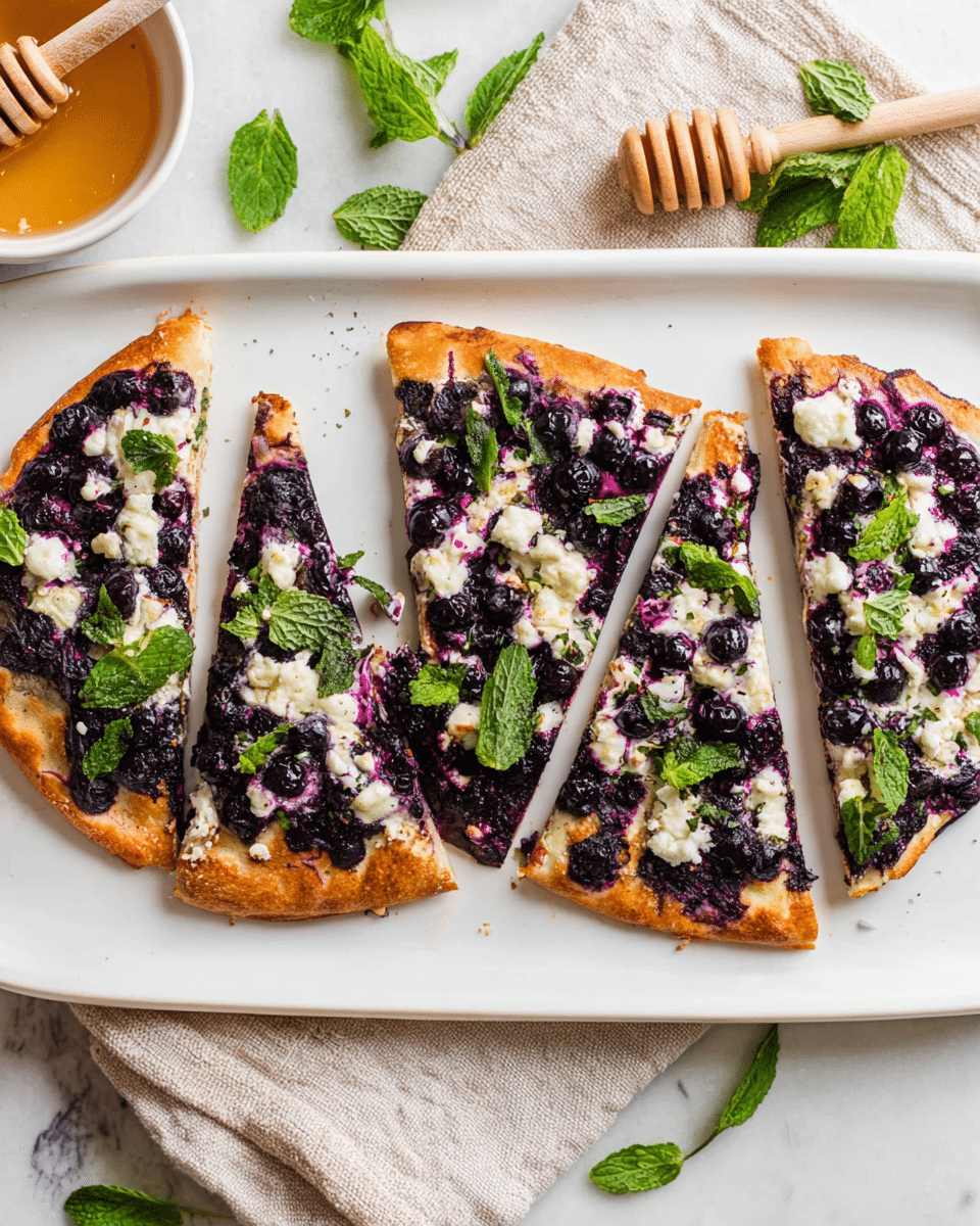 Five triangular slices of a flatbread are arranged in a row on a long white plate, each slice topped with a layer of purple-black cooked blueberries, scattered white cheese, and bright green fresh mint leaves, resting on a golden brown crust that is thicker at the edges. The plate sits on a white marbled surface with a beige cloth, mint sprigs, and a white bowl of honey with a wooden honey dipper positioned in the background. Photo taken with an iphone --ar 4:5 --v 7