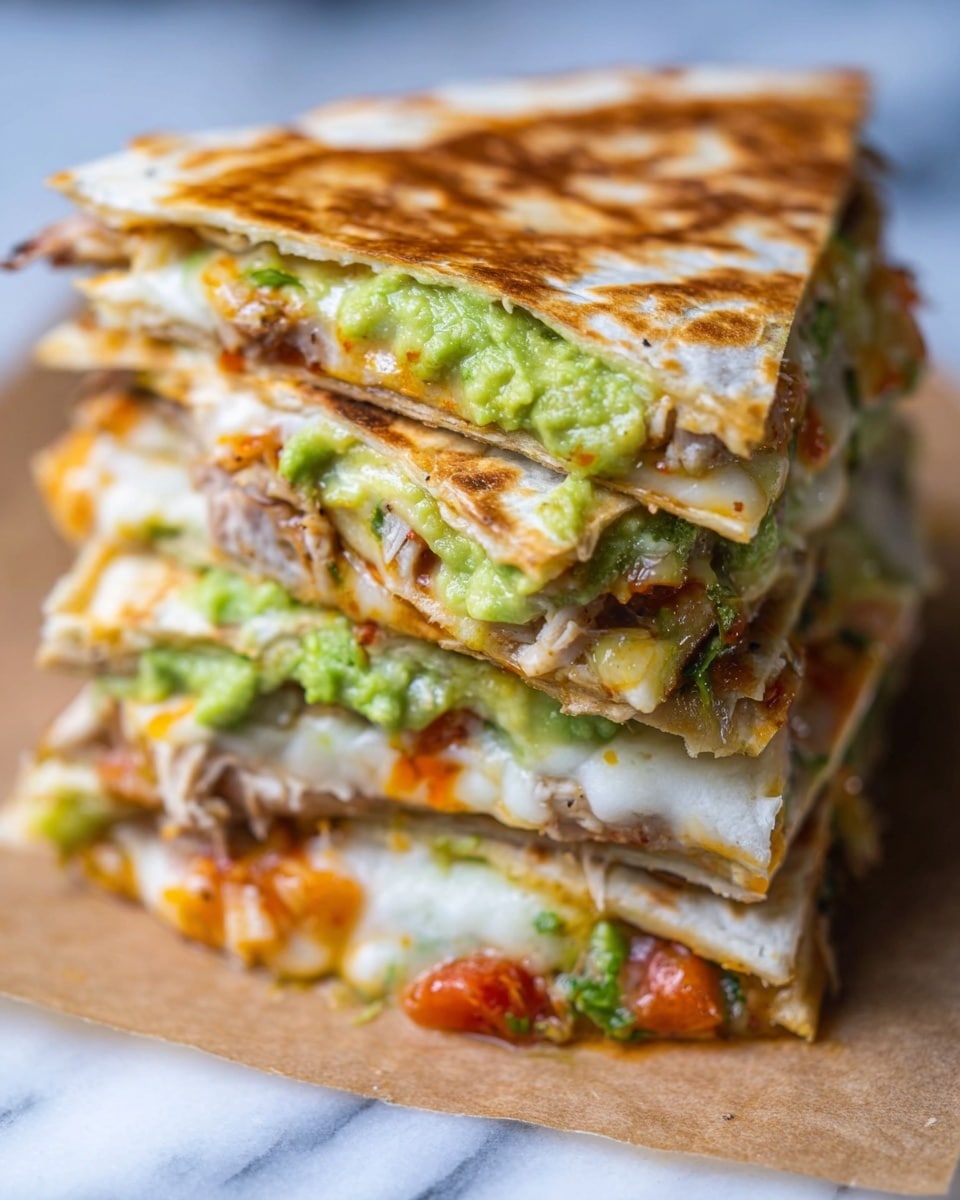 The image shows a close-up of a thick quesadilla stack with several layers. The outer layer is a toasted light golden tortilla with brown grill marks. Inside, there is a bright green guacamole layer with mashed avocado and some small chunks, followed by a melted white cheese layer that looks creamy and soft. There are also diced orange tomatoes and tender pieces of browned cooked chicken distributed evenly within the layers. The stack rests on a piece of parchment paper on a white marbled surface, with a blurred background. Photo taken with an iphone --ar 4:5 --v 7