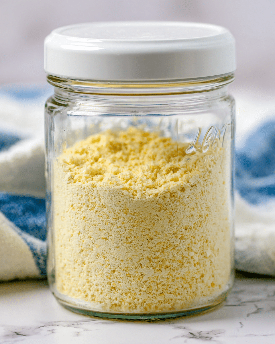 A clear glass jar filled with a light yellow crumbly powder, showing a fine grainy texture with tiny coarse bits throughout. The jar is sealed with a plain white plastic lid, and the jar sits on a white marbled surface next to a light blue and white striped cloth. The background is soft and blurred, with hints of white and light colors. photo taken with an iphone --ar 4:5 --v 7