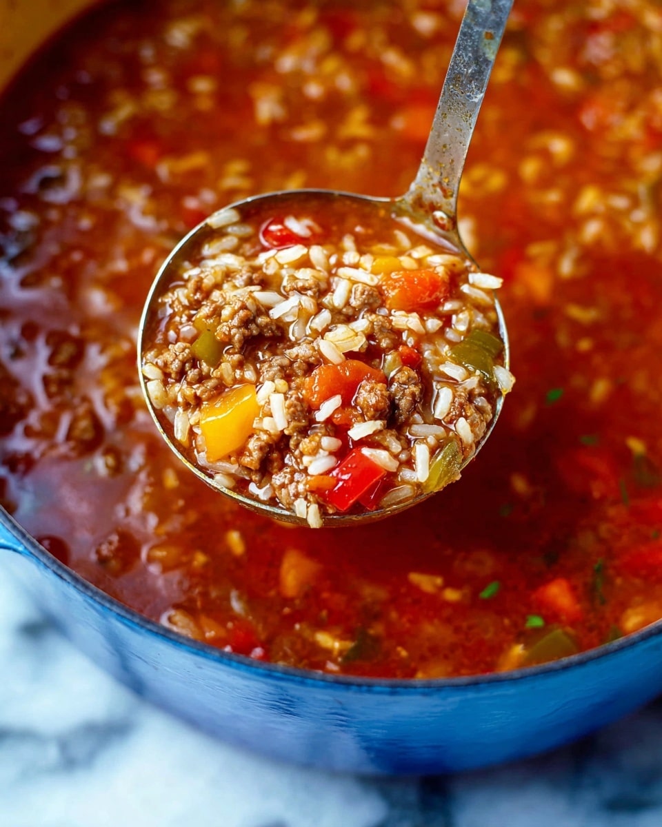 A close-up image shows a blue pot filled with a thick soup containing white rice, small pieces of red and yellow bell peppers, onions, and ground meat, all mixed in a rich, reddish broth. The soup looks hearty with visible bits of vegetables and small grains of rice in the ladle held above the pot. The pot rests on a white marbled surface. photo taken with an iphone --ar 4:5 --v 7