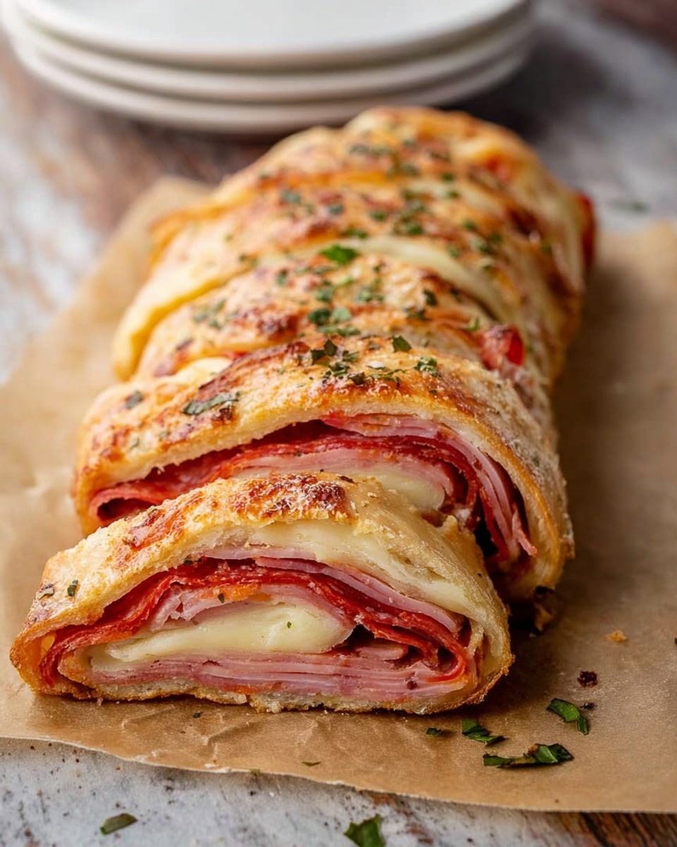 The image shows a sliced stromboli resting on brown parchment paper over a white marbled texture. The stromboli has multiple layers visible in each slice: the outermost layer is golden brown baked dough with some herbs sprinkled on top, under which there are layers of thinly sliced red pepperoni, light pink ham, and melted white cheese blending in between. Small green herb pieces are scattered around the stromboli on the parchment paper, and in the background, white stacked plates are partially visible. The lighting highlights the crisp texture of the dough and the soft, moist layers inside. Photo taken with an iphone --ar 4:5 --v 7