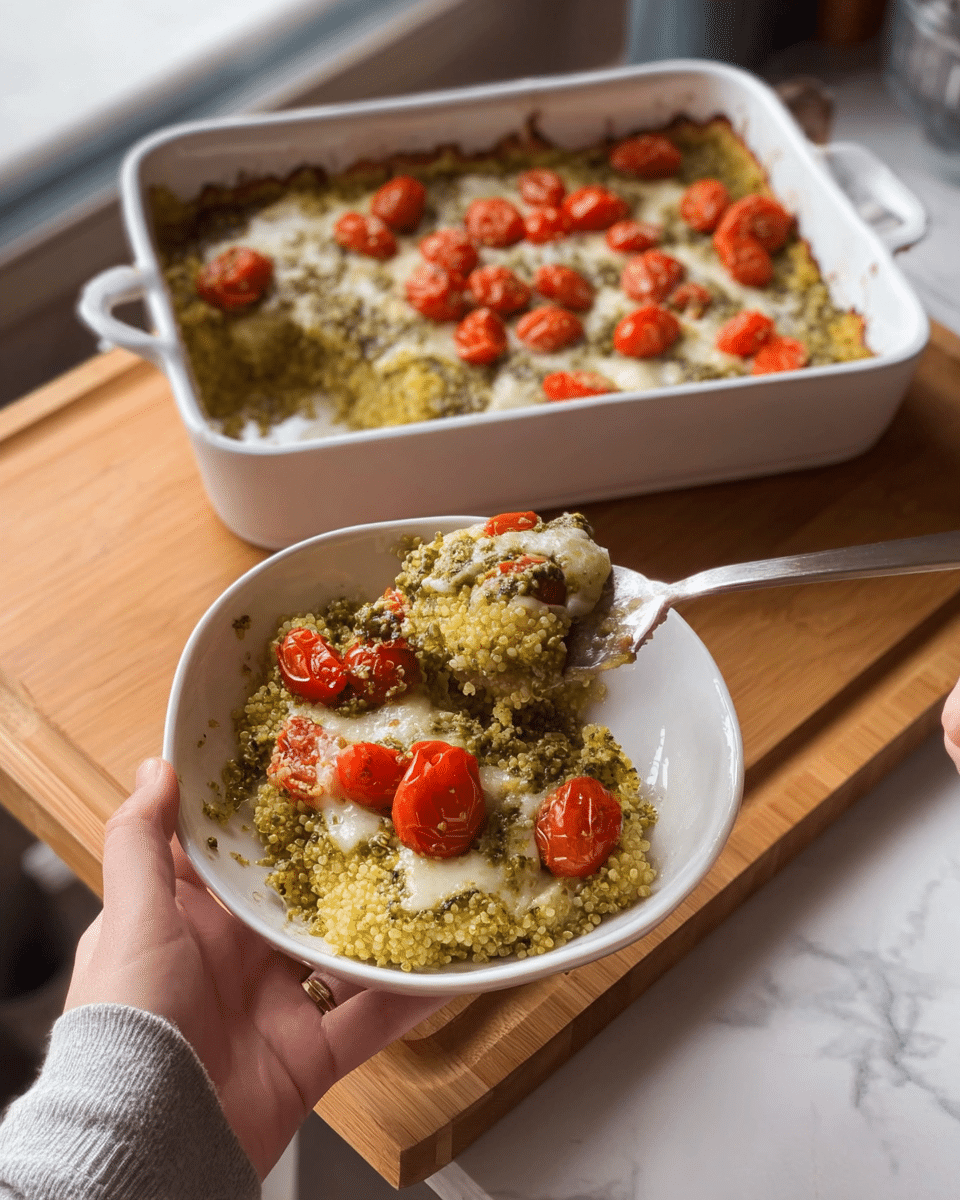 A white bowl holds a layered dish with a bottom layer of light yellow quinoa, topped with a thick layer of white melted cheese mixed with green pesto sauce, scattered with bright red cherry tomato pieces. The same dish appears in a white rectangular baking dish in the background, with the pesto and cheese layer unevenly spread and more cherry tomato bits on top. A woman's hand is holding the bowl, and there is a silver spoon with a piece of the casserole resting on the edge of the baking dish. The setup sits on a light wood cutting board with a white marbled texture surface nearby. Photo taken with an iphone --ar 4:5 --v 7