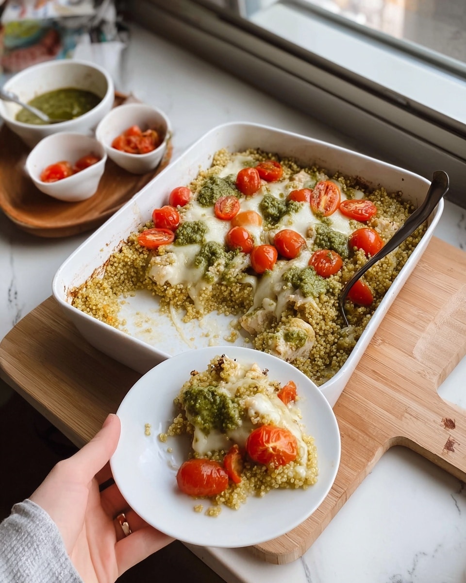 A white rectangular baking dish filled with a layered casserole featuring a base of light golden quinoa, topped with a layer of cooked chicken, melted cheese, dollops of green pesto, and scattered bright red cherry tomato halves. In the foreground, a woman's hand holds a white plate with a portion of the casserole showing all the layers clearly: fluffy quinoa at the bottom, a middle layer of chicken with gooey melted cheese and pesto on top, and fresh cherry tomatoes adding vibrant color. The scene is set on a wooden cutting board with small white bowls containing some pesto and cherry tomato pieces in the background, all placed on a white marbled surface near a window letting in natural light. Photo taken with an iphone --ar 4:5 --v 7