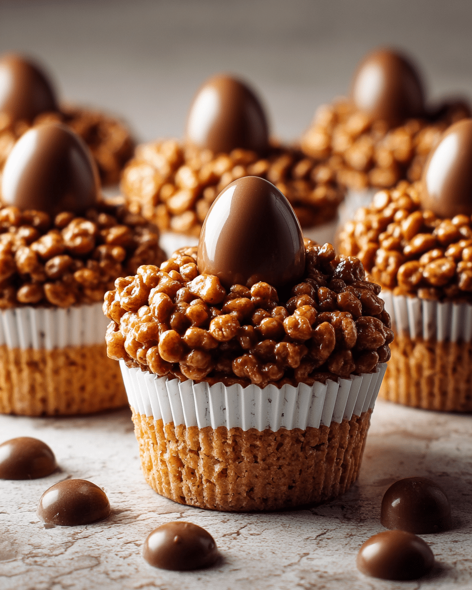 The image shows several cupcakes, each with two main visible layers. The bottom layer is a light brown cake base in white paper liners with a soft texture. The top layer is a cluster of shiny puffed cereal pieces coated in glossy milk chocolate that gives a bumpy surface covering the cake completely. On top of the cereal and chocolate layer sits a single smooth, oval-shaped milk chocolate candy. The cupcakes are arranged on a white marbled textured surface with a few loose chocolate candies in the foreground. The lighting highlights the glossy and textured chocolate details, making the cupcakes look rich and appealing. Photo taken with an iphone --ar 4:5 --v 7