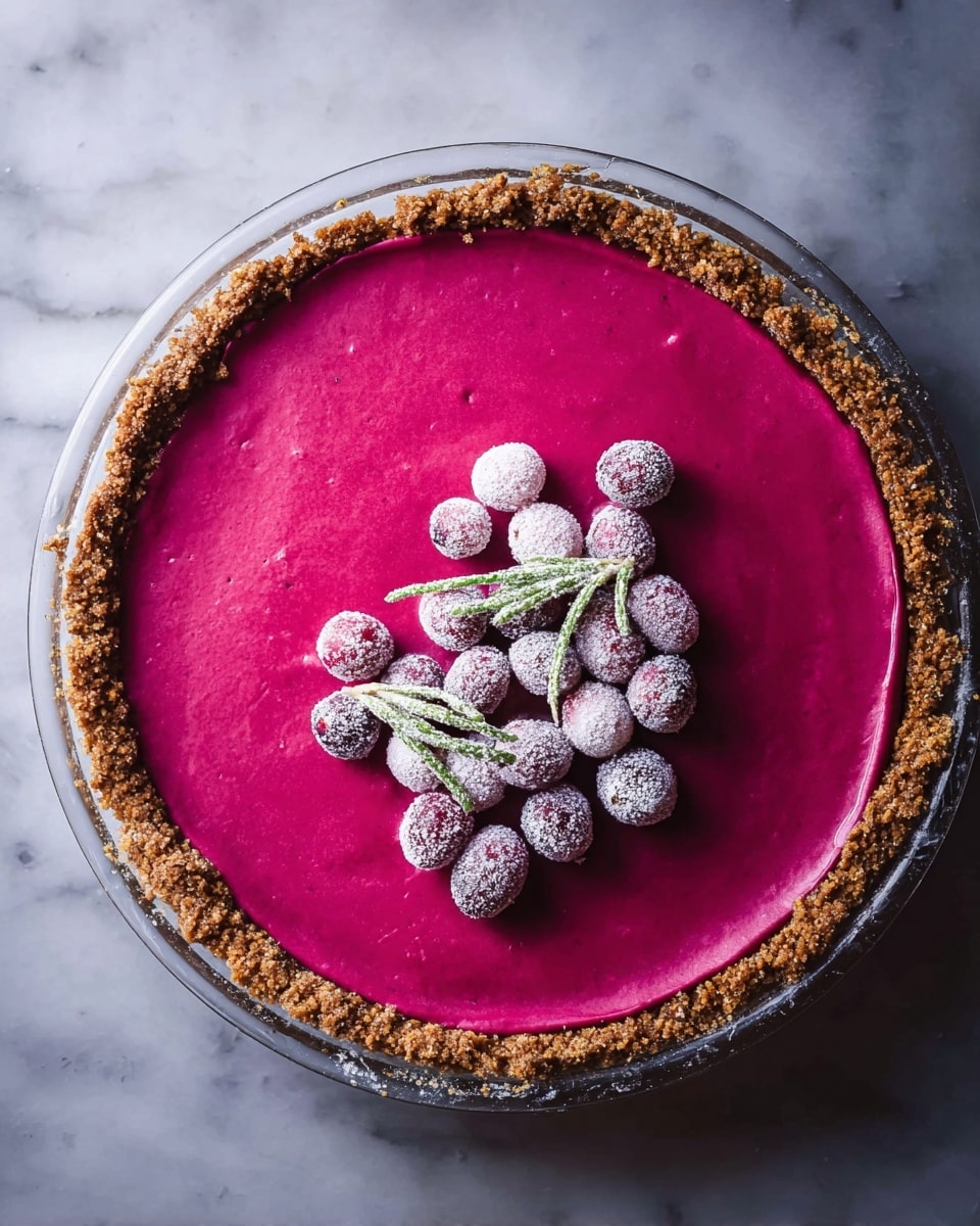 A dessert pie with three distinct layers is shown from above; the base layer is a crumbly brown crust pressed along the edge of a clear glass pie dish, forming a rough textured border. Inside the crust is a thick, smooth, and vividly bright magenta filling, spread evenly and glossy, covering the entire inner surface. On top, there are small, round cranberries dusted with powdered sugar, clustered in the center along with a sprig of green herbs also coated lightly in powdered sugar, adding a frosted look. The pie rests on a white marbled textured surface. photo taken with an iphone --ar 4:5 --v 7
