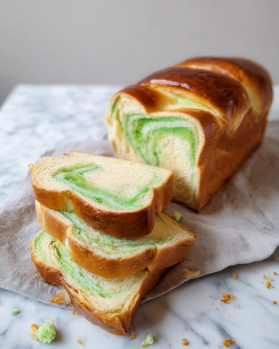 The image shows a loaf of bread with a shiny, golden-brown crust, resting on a light gray cloth on a white marbled surface. The bread is sliced into pieces that reveal soft, light beige layers with swirls of bright green color running through the inside, creating a marbled effect. The texture of the bread looks fluffy and moist, and the green filling is spread unevenly within the layers, adding a vibrant contrast to the pale bread. There are small crumbs and bits of the green filling scattered on the white marbled surface around the bread. photo taken with an iphone --ar 4:5 --v 7