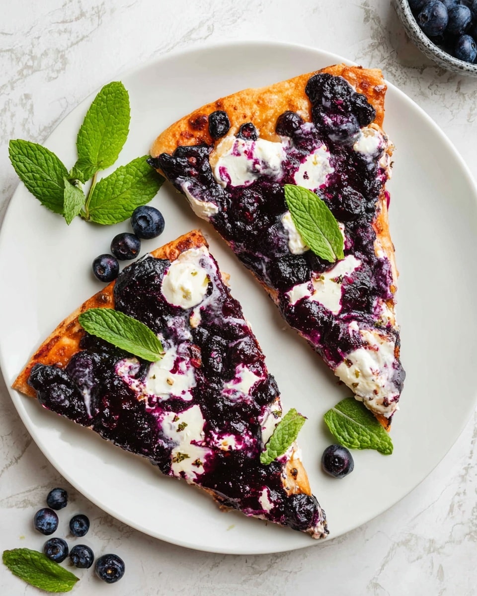 Two triangular slices of a flatbread pizza sit on a white plate over a white marbled surface. The thin crust is golden brown, topped with a dark purple blueberry sauce scattered with whole blueberries. White dollops of soft cheese are unevenly spread across the top, mixed with the sauce creating swirls of purple and white. Fresh green mint leaves rest on both slices and around them on the plate. Extra blueberries and mint leaves are placed decoratively nearby. Photo taken with an iphone --ar 4:5 --v 7