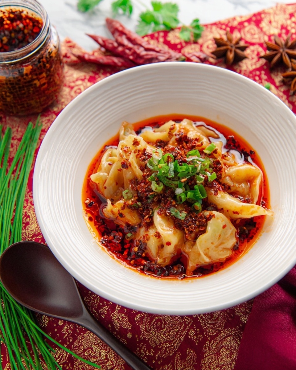 In the image, there is a white bowl with ridged sides filled with several soft, folded dumplings covered in a thick, bright red chili oil sauce. The dumplings have a pale yellow color with a slightly glossy texture, and they sit in a pool of red oil mixed with chili flakes and seeds. On top, there are small pieces of chopped green onions and fresh cilantro leaves scattered evenly for garnish. The bowl sits on a white marbled surface with a red and gold patterned cloth underneath. Nearby are fresh green chives on the left side, a dark brown spoon on the right on a maroon cloth, and a jar overflowing with chili oil along with some dried red chilies and star anise in the background. photo taken with an iphone --ar 4:5 --v 7