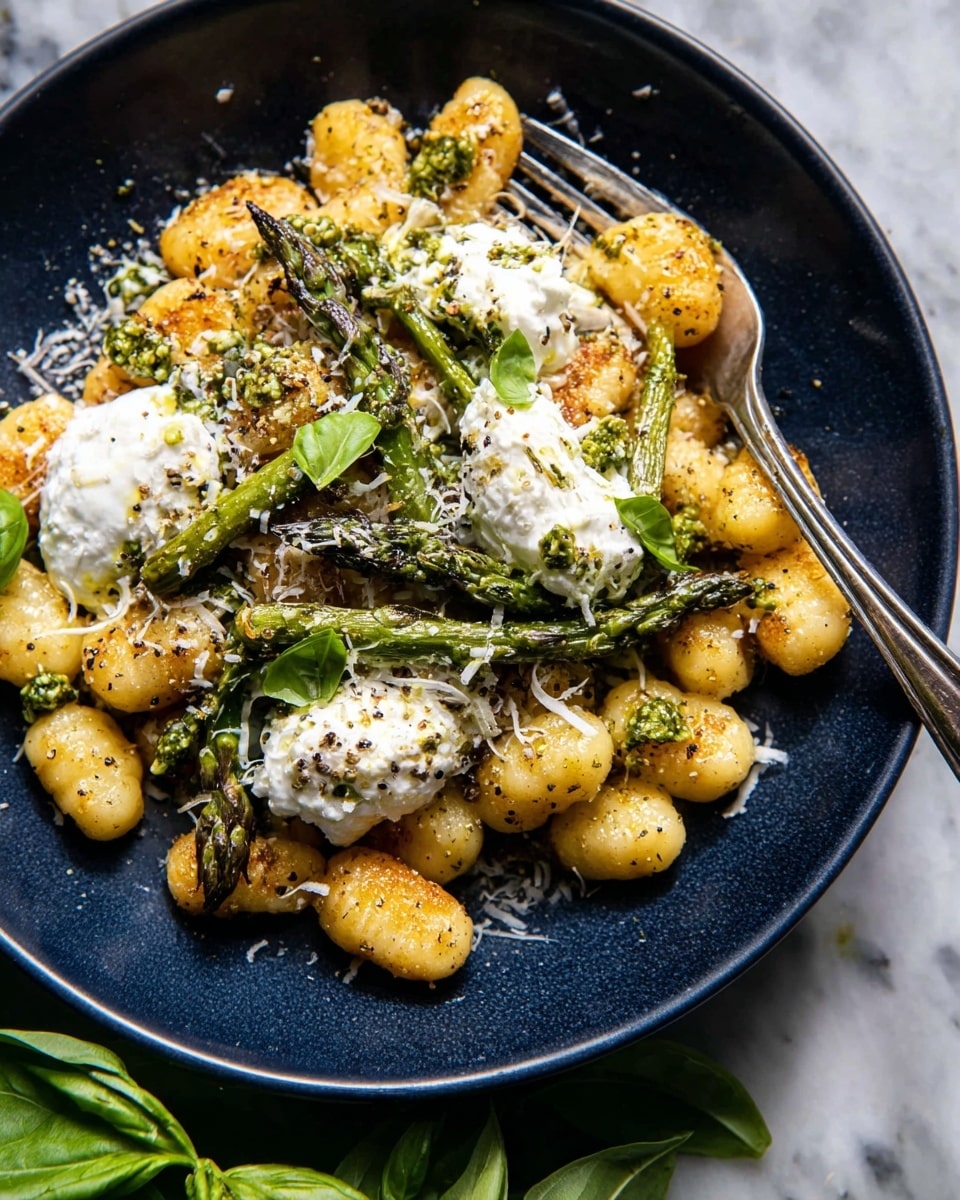 A dark blue bowl filled with three main layers: the bottom layer is small, golden-brown gnocchi with a slightly crispy texture, speckled with black pepper and herbs; the middle layer includes bright green charred asparagus stalks placed across the gnocchi; the top layer has dollops of white, creamy ricotta cheese drizzled with green pesto and a light golden oil, sprinkled with grated white cheese shavings. A silver fork rests on the edge of the bowl, which is placed on a white marbled surface with a few fresh basil leaves partially visible below. photo taken with an iphone --ar 4:5 --v 7