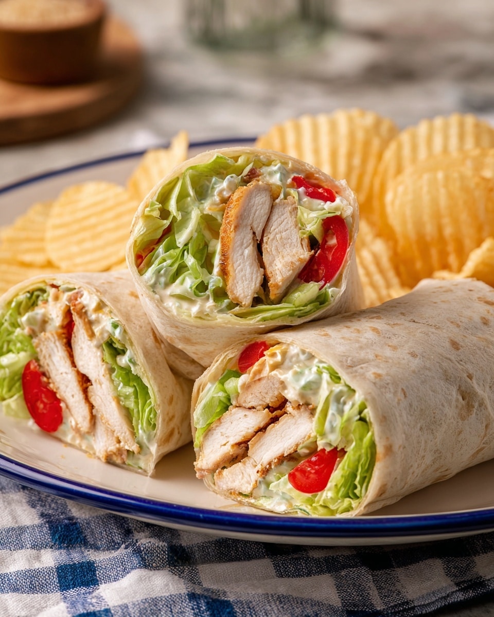 A close-up of two burrito halves placed side by side on a white plate with a blue rim, resting on a white marbled surface with a checkered cloth underneath. Each burrito has a soft beige tortilla wrap tightly holding layers inside: thick slices of golden-brown grilled chicken, bright green lettuce, creamy white sauce mixed with shredded cheese, and red tomato slices. Next to the burritos are golden ridged potato chips. Photo taken with an iphone --ar 4:5 --v 7