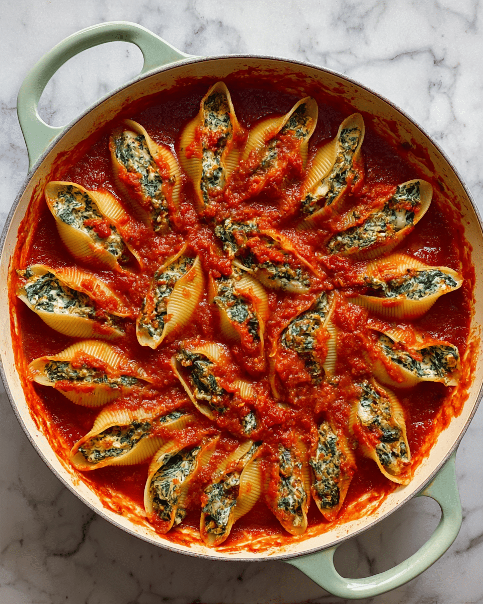 A white round pan filled with large pasta shells arranged in a circular pattern, each shell stuffed with green spinach and white cheese filling. The shells are covered with a rich red tomato sauce that fills the spaces between the shells, with some sauce partially covering the tops of the shells, giving a shiny, saucy texture. The pan is on a white marbled surface, and the pan's exterior is a pale green color with two handles on each side. The photo taken with an iphone --ar 4:5 --v 7