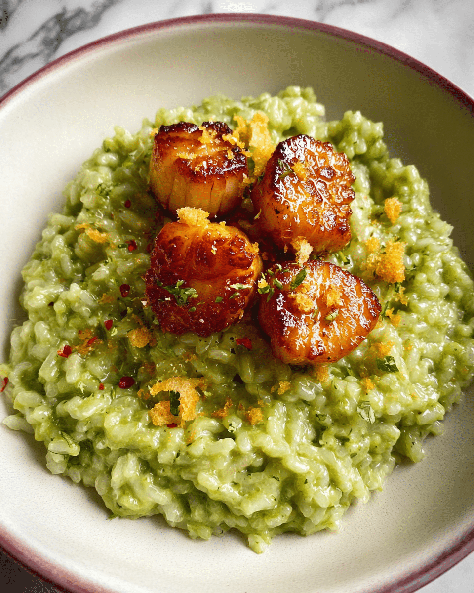 A dish featuring a base layer of creamy green risotto with a textured, slightly chunky look, spread in a circular shape on a white plate. On top, there are two layers of golden-brown glazed scallops, arranged in a small pile at the center, shiny with a caramelized crust and sprinkled with small bits of grated zest and red pepper flakes. The white plate sits on a white marbled textured background. photo taken with an iphone --ar 4:5 --v 7