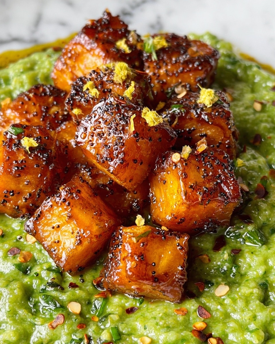 The image shows a close-up view of golden-brown roasted sweet potato cubes coated in a shiny glaze with visible black pepper and chili flakes sprinkled on top. These cubes rest on a thick, creamy green sauce spread as the base layer, with a slightly chunky texture that includes small bits of green herbs or vegetables. There are tiny bits of a light yellow garnish scattered over the sweet potatoes, adding a contrast in color and texture. The dish is presented on a white marbled surface. photo taken with an iphone --ar 4:5 --v 7