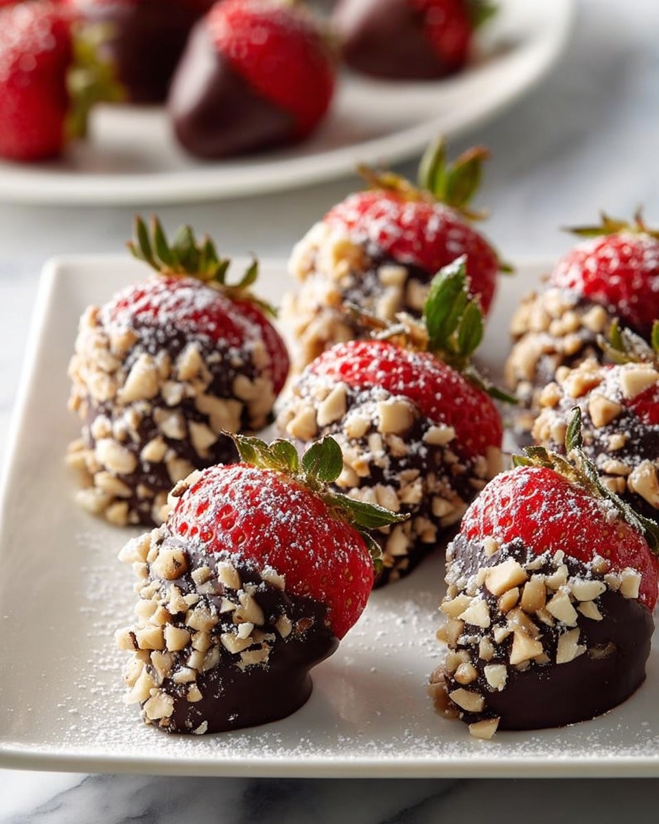 The image shows several strawberries, each dipped halfway in dark chocolate, placed on a white rectangular dish with a white marbled surface background. The lower half of each strawberry is coated in smooth dark chocolate, sprinkled generously with chopped nuts, creating a rough texture contrasting with the shiny red top half of the strawberries. The strawberries are arranged in a close group on the dish, with a light dusting of powdered sugar over the top. In the background, a white plate with more of the same strawberries is slightly out of focus. photo taken with an iphone --ar 4:5 --v 7