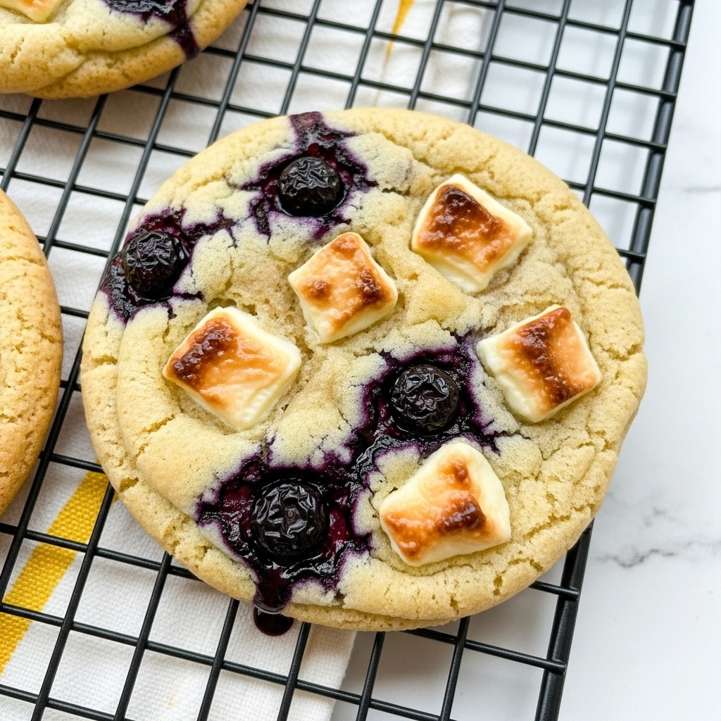 The image shows a soft, round cookie with a light golden color and a slightly puffy texture. The top layer holds visible chunks of white chocolate, some slightly toasted to a light brown color, and dark purple-blue berries embedded inside the dough, creating contrast. The cookie rests on a black cooling rack over a surface with a white marbled texture and a cloth with yellow stripes partially visible underneath. The lighting highlights the cookie's softness and the shiny berry juice oozing slightly from some pieces. photo taken with an iphone --ar 4:5 --v 7