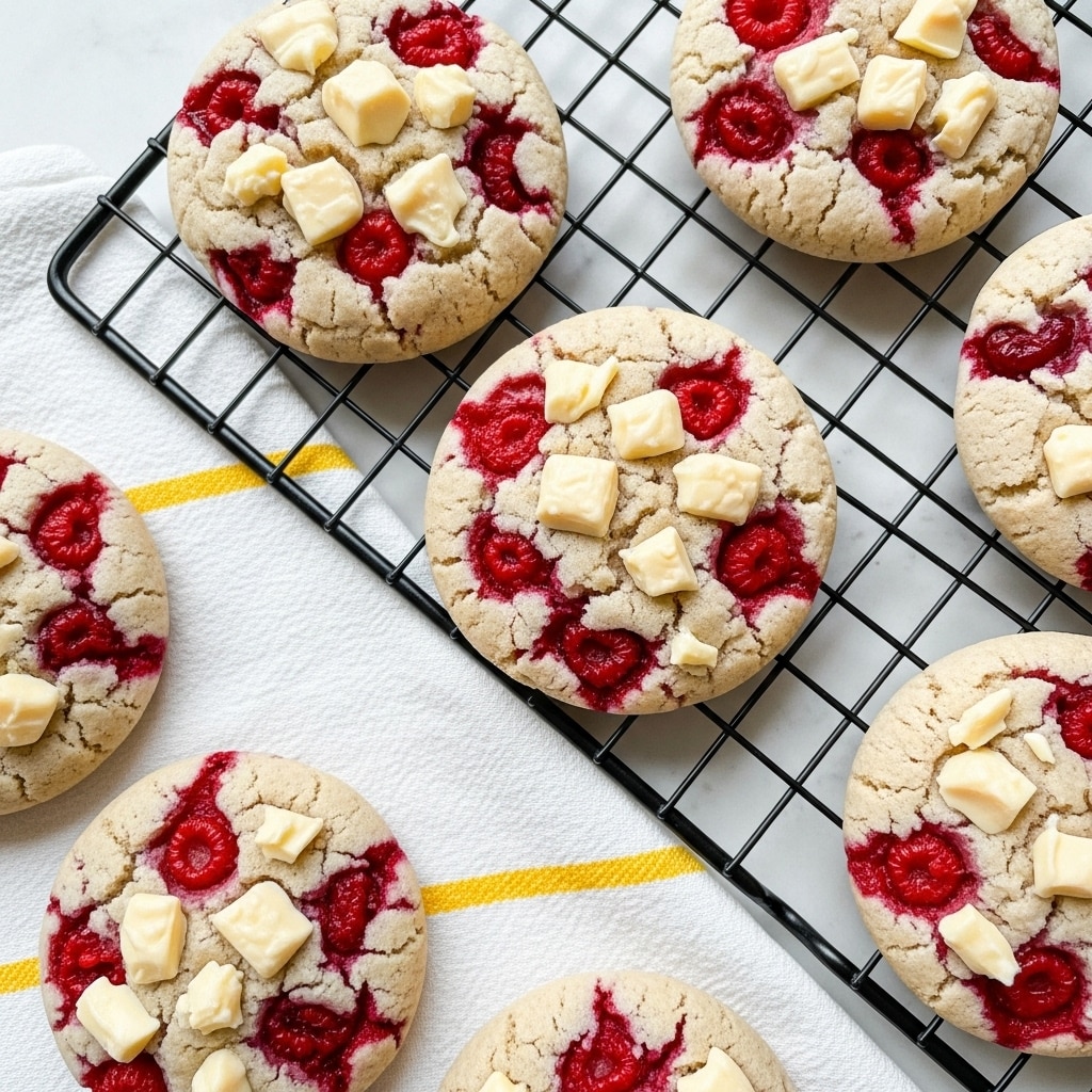 The image shows several round cookies cooling on a black wire rack placed over a white cloth with yellow lines. Each cookie is thick and soft with a light beige color, embedded with bright red berries and topped with chunks of creamy white chocolate scattered unevenly across the surface. The cookies have a slightly uneven texture with visible berry juices creating small red streaks, giving a fresh and homemade look. The background is a white marbled texture. Photo taken with an iphone --ar 4:5 --v 7