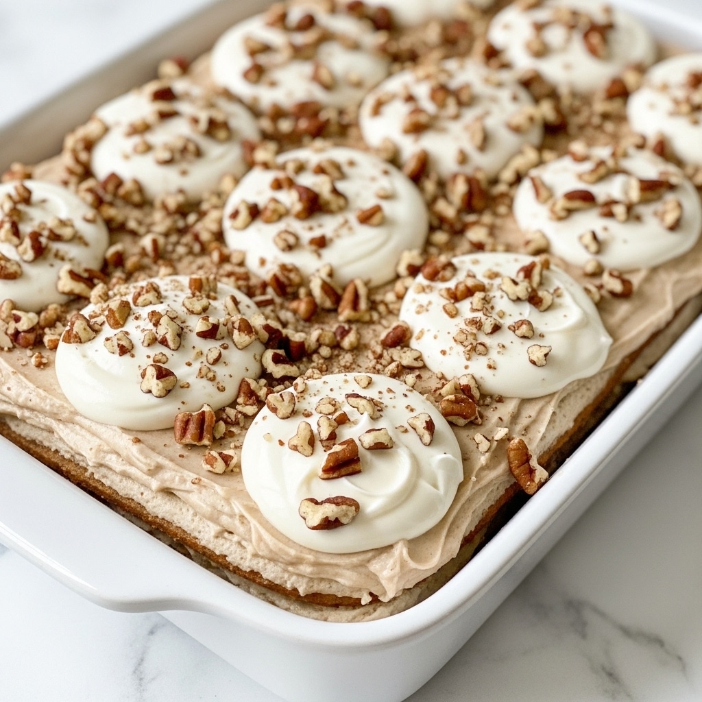 A close-up view of a white rectangular baking dish filled with a dessert that has multiple soft beige-brown layers barely visible under a thick, creamy white icing spread unevenly in dollops on top. The top layer is generously sprinkled with chopped pecans, giving a rough, crunchy texture contrast to the smooth icing. The dish is placed on a white marbled surface. photo taken with an iphone --ar 4:5 --v 7