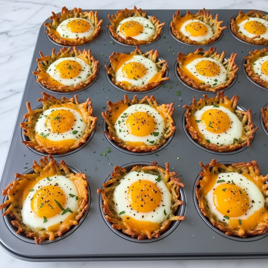 The image shows a grey muffin tray filled with twelve individual breakfast nests. Each nest has a crispy, brown shredded potato base forming a round cup shape. Inside each cup, there is a layer of melted, melted cheese with a slightly golden edge. On top of the cheese, there is a perfectly cooked sunny-side-up egg with a bright yellow yolk in the center and white egg whites surrounding it. The nest is sprinkled with small green herbs and black pepper. The tray sits on a white marbled surface. Photo taken with an iphone --ar 4:5 --v 7
