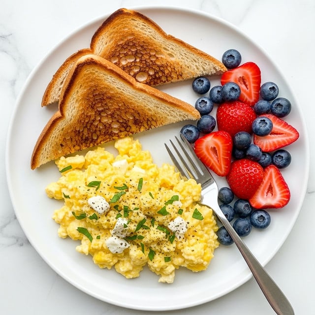 A white plate on a white marbled surface holds a breakfast with three main parts: two pieces of toasted bread cut into triangles at the top part of the plate, showing a browned and crispy texture; below the toast is a generous serving of creamy scrambled eggs with small bits of white cheese mixed in, sprinkled with chopped green herbs and a little black pepper on top; on the right side of the plate are fresh strawberries cut in half and whole blueberries scattered around, adding bright red and dark blue colors. A silver fork rests on the plate near the scrambled eggs. Photo taken with an iphone --ar 4:5 --v 7